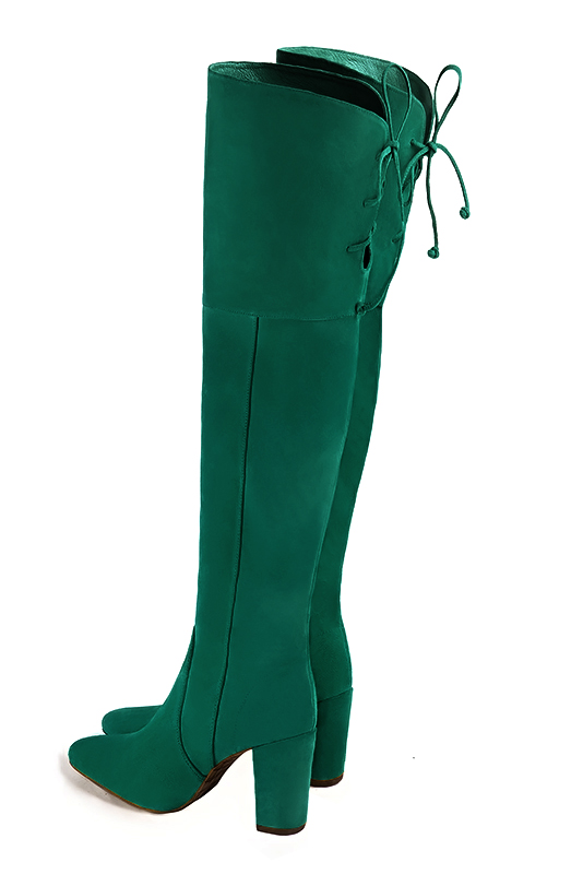 Emerald green women's leather thigh-high boots. Round toe. High block heels. Made to measure. Rear view - Florence KOOIJMAN